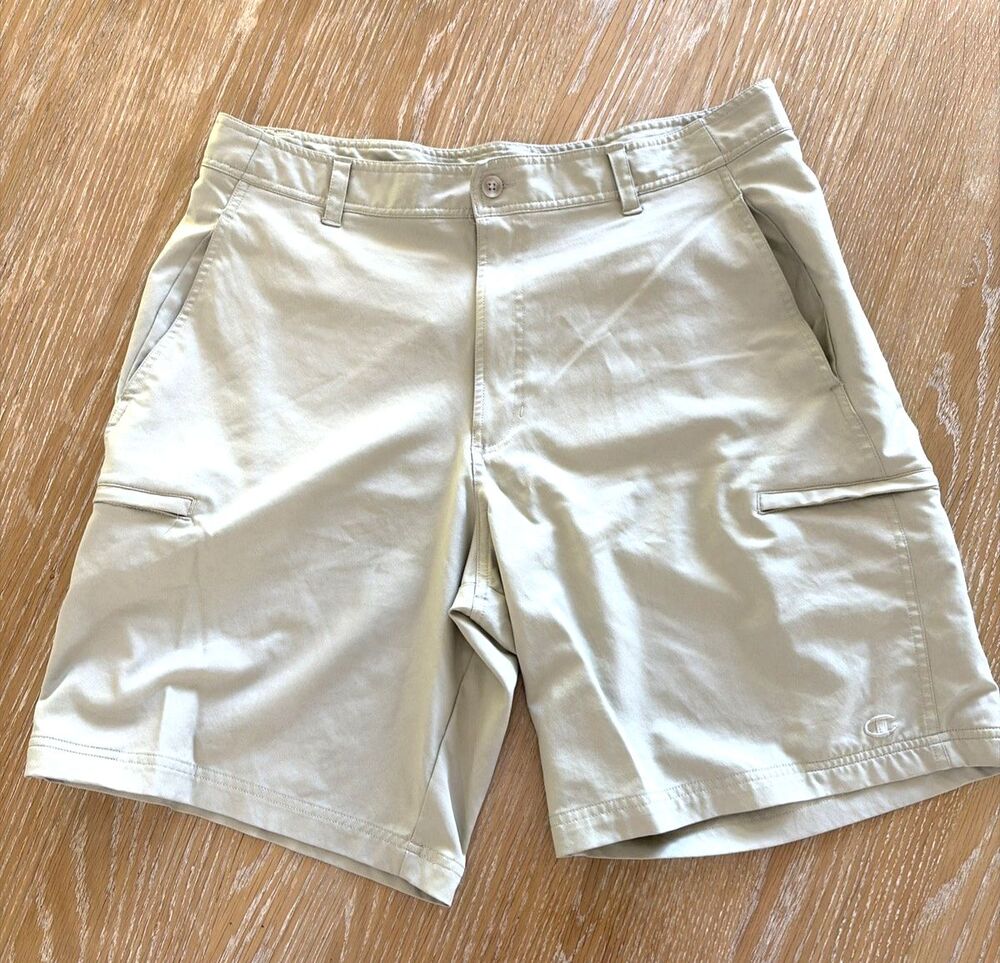 Champion Mens Beige Cargo Shorts 38W Polyester Flat Front Zip Pockets